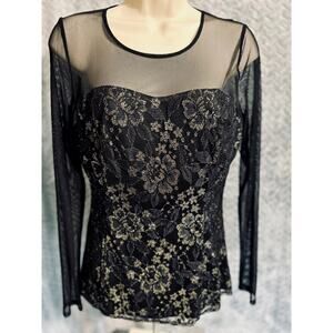 Boston Proper NWT Black/Gold Lacy Illusion Top- 6 Elegant Vamp Party Holiday